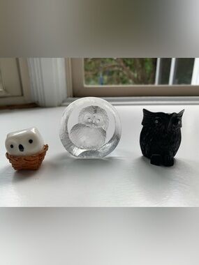 Vintage Owls Black Wood Etched Glass Owl In Basket Set Of 3